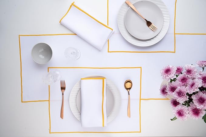 D'Moksha Homes White Linen Placemats with Yellow Embroidered Trim, Set of 4-14 x 19 Inch, 100% Pure Linen Cloth Placemats White & Yellow for Dining, Christmas, Holiday, New Year - Machine Washable