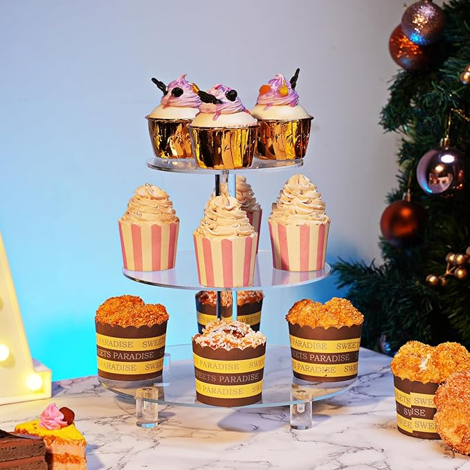 Acrylic Cupcake Stand, 3 Tier Round, Clear Dessert Tower Holder Display with Base for Baby Shower, Birthday Party,Wedding,Christmas,Reception (Clear)