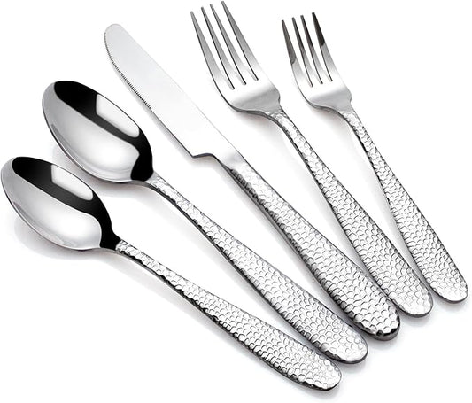 Hammered Silverware Set, CITESANA 20-Piece Heavy Duty Mirror Polished Stainless Steel Flatware Set Cutlery Set Flatware Service for 4