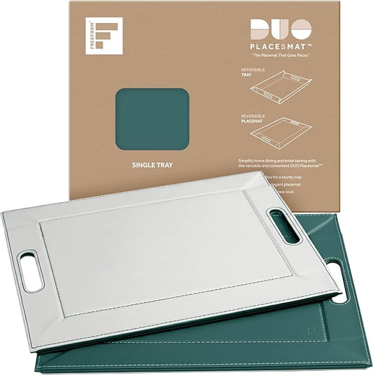 PLACEsMAT 2-in-1 Faux Leather Placemat & Serving Tray | Reversible Design, Lays Flat & Easy to Clean | Ottoman Food Tray, Perfect Housewarming Gift, 18” x 14” (Soft Teal & White, Single)