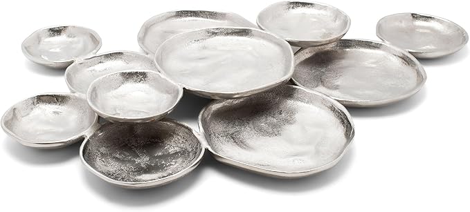 India Handicrafts Textured Eleven Plate Silver Tone 26 inch Metal Tray Platter