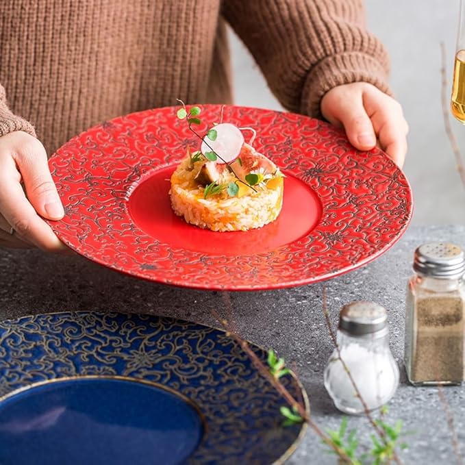SONGCHAO Party Supplies Red Plate Ceramic Dish Plate Home Chinese Creative Tableware Steak Western Plate Party Plates (Color : B)