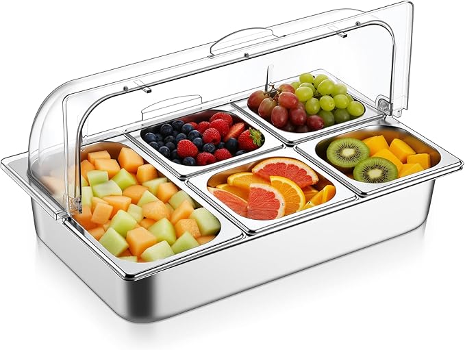 Countertop Food Serving Display Container and Clear Roll Top Cover Stainless Steel Food Serving Tray Buffet Condiment Dispenser Display Rack for Restaurant Hotel Kitchen Party (21 x 13 x 11)