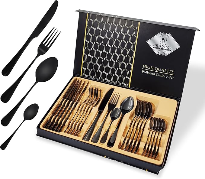 Black Silverware Set, Stainless Steel Flatware Set Service for 6, Kitchen Cutlery Gift Set Utensils Knife Fork Spoon Dinnerware Tableware Kit for for Home, Wedding, Restaurant (Black)