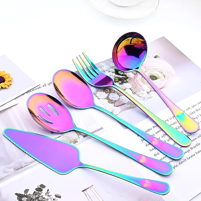 35-Piece Rainbow Flatware Set With Serving Set, 18/0 Stainless Steel Cutlery Set Service For 6, Mirror Polished, Dishwasher Safe