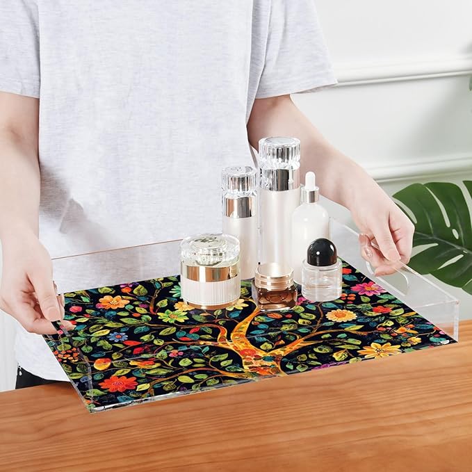 Serving Tray with Handles Clear Acrylic Tray 12x16 Inch Decorative Rectangular Tray Organizer for Ottoman Coffee Table Bathroom Tree of Life Floral Leaves Black