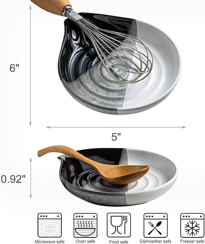 Large Ceramic Spoon Rest for Stove Top & Kitchen Counter, Heat-Resistant Spoon Holder for Cooking Utensils, Spatula & Ladles, Nonstick, Dishwasher Safe, Cute Design, Gradient Black