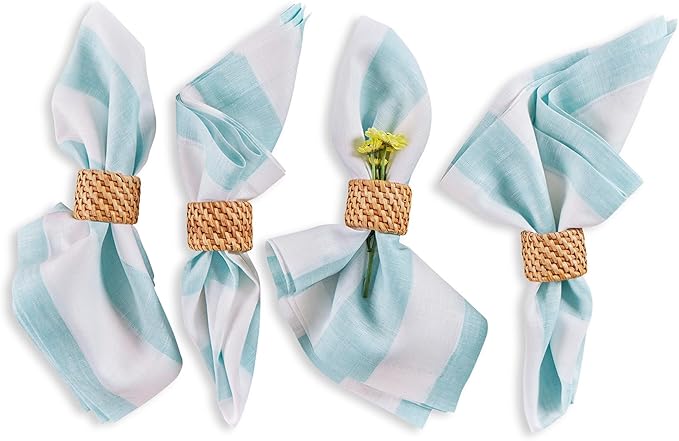 Solino Home Linen Cloth Napkins Set of 4-100% Pure Linen Aqua and White Striped Dinner Napkins 20 x 20 Inch - Cabana Stripe, Handcrafted and Machine Washable