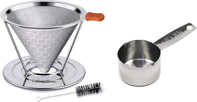 First Time Home Buyers Essentials - Reusable Stainless Steel Pour over Coffee Dripper Bundle with Stainless Steel Scoop for Ground Coffee - 1/8 Cup, 2 Tablespoon or 1 oz Scoop