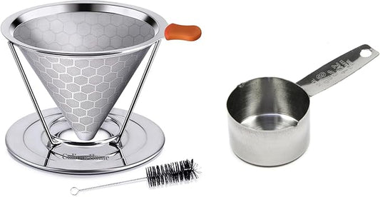 First Time Home Buyers Essentials - Reusable Stainless Steel Pour over Coffee Dripper Bundle with Stainless Steel Scoop for Ground Coffee - 1/8 Cup, 2 Tablespoon or 1 oz Scoop