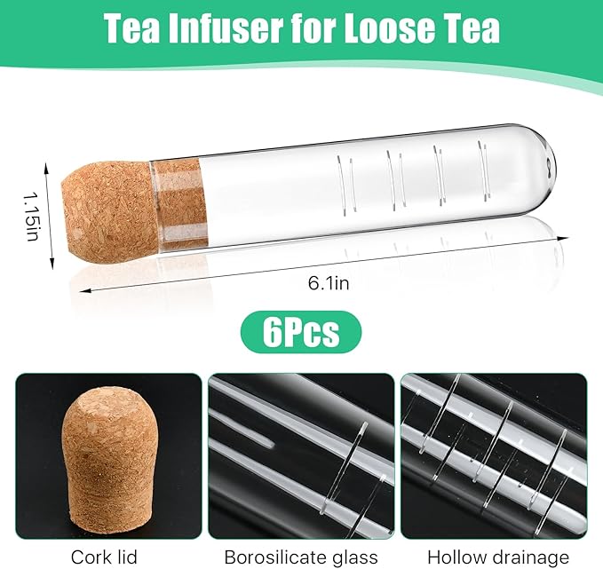 6 Pcs Glass Tea Infuser with Cork, Clear Tea Strainer, Reusable Tea Steeper for Loose Tea, Fits for Cups, Mugs and Teapots Portable for Travel, Home, Office