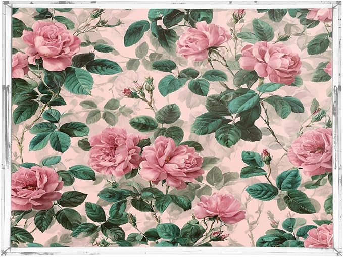 Serving Tray with Handles Clear Acrylic Tray 12x16 Inch Decorative Rectangular Tray Organizer for Ottoman Coffee Table Bathroom Pink Vintage Roses with Leaves