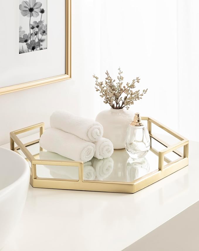 Kate and Laurel Gohana Mirrored Hexagon Tray with Gold Metal Handles, 16 x 18, Mirrored Glass and Gold, Modern Glam Serving Tray with Handles for Living Room Decor