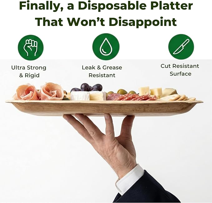 Koala love Bamboo Serving Tray and Platter Disposable Charcuterie Boards Plates and Party Platters Trays Compostable Wooden Food Platters Palm Leaf Dinner Catering Trays 10" x14" (10 pc)