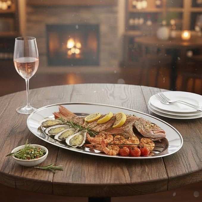 Set of 2 Stainless Steel 18” Oval Platter- Serving Platters for Appetizer Snack Fruit Cup Cake Server Tray Display Serving Dishes for Entertaining