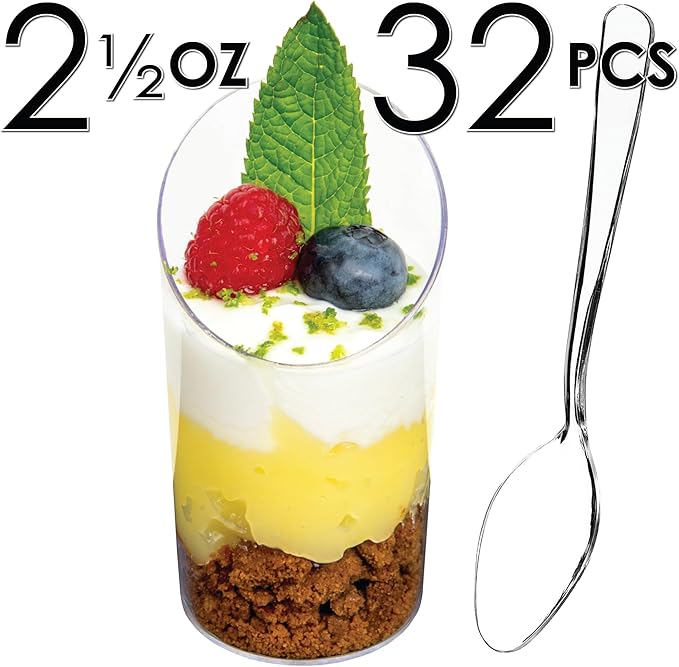 DLux 32 x 2.5 oz Mini Dessert Cups with Spoons, Slanted Round - Clear Plastic Parfait Appetizer Cup - Small Reusable Serving Bowl for Tasting Party Desserts Appetizers - With Recipe Ebook