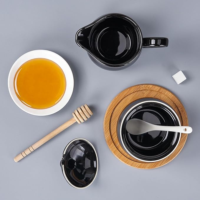 12 OZ Ceramic Sugar and Creamer Set, Coffee Serving Set, 5 Piece Cream Pitcher Sugar Bowl with Lid and Spoon (Black)