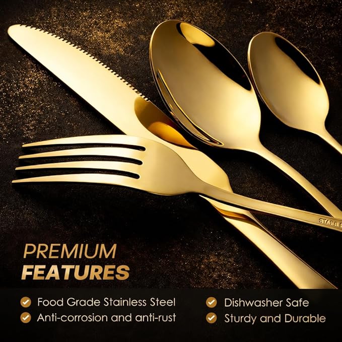 chandler 24 Pieces Cutlery Set Shiny Golden Stainless Steel 410 18/0 0% Nickel Golden Wood Bag Dinner Spoons Dinner Knives Dinner Forks Tea Spoons
