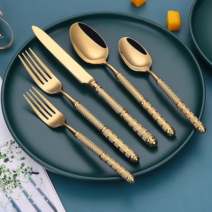 Gold 20 Piece Silverware Set Service for 4,Premium Stainless Steel Flatware Set Vintage Embossed Cutlery Utensil Set Home Kitchen Eating Tableware Set Include Fork Knife Spoon Set Dishwasher Safe
