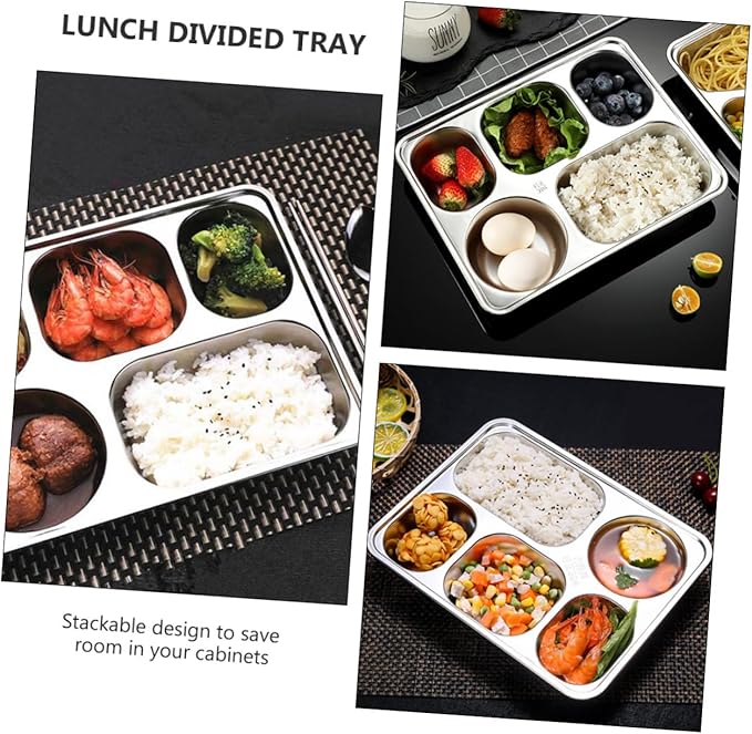 Cabilock 1pc Stainless Steel Food Plate Section Serving Tray Divided Lunch Compartment Stackable
