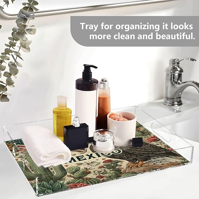 Serving Tray with Handles Clear Acrylic Tray 12x16 Inch Decorative Rectangular Tray Organizer for Ottoman Coffee Table Bathroom Retro Mexico American Eagle Cactus Beige