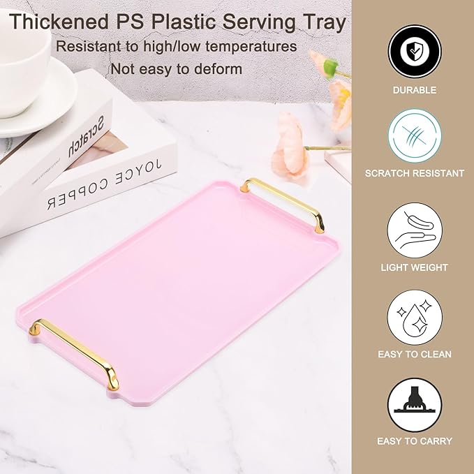 PATIKIL 16.1 x 8.7 Inches Plastic Serving Tray with Golden Handles, Reusable Tray Rectangular Party Platters for Dessert Coffee Tea Table, Living Room Kitchen Countertop, Pink