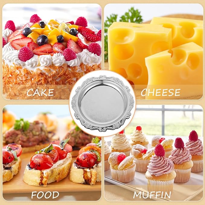 Unomor Elegant Vintage Serving Tray Silver Iron Snack Plate for Food Jewelry Display Dessert Decorative Platter for Parties Home Dining and Event Presentation