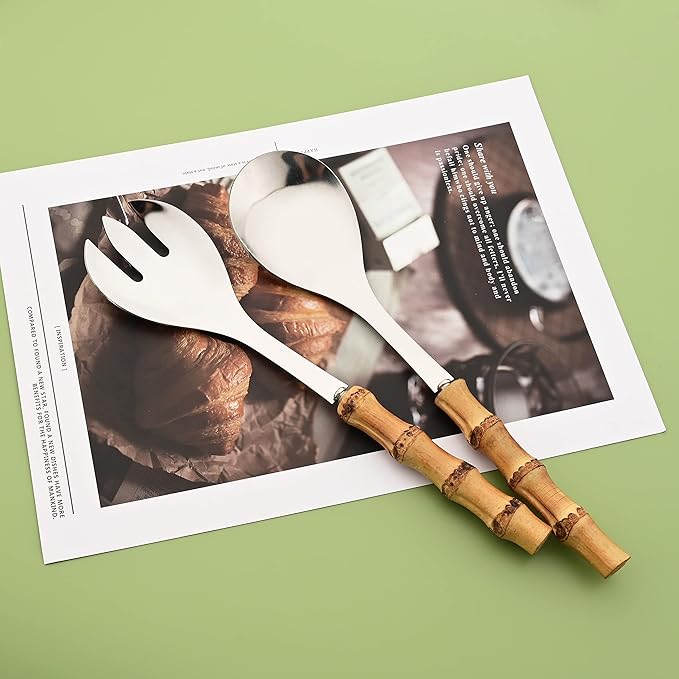Salad Servers - 10.0 inch Serving Spoons and Forks Set of 6 - Include 3 Large Spoon and 3 Large Fork - Silver Stainless Steel Serving Utensils with Bamboo Handle