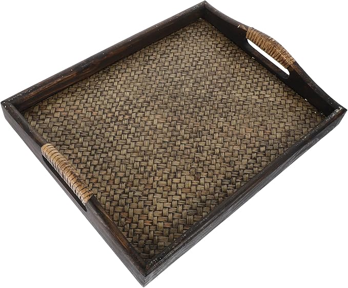 Wood Rectangular Tea Cup Tray with Raised Handles, Large Southeast Asian Style Rattan Serving Tray for Hotel Bar and Home Breakfast Fruit Storage