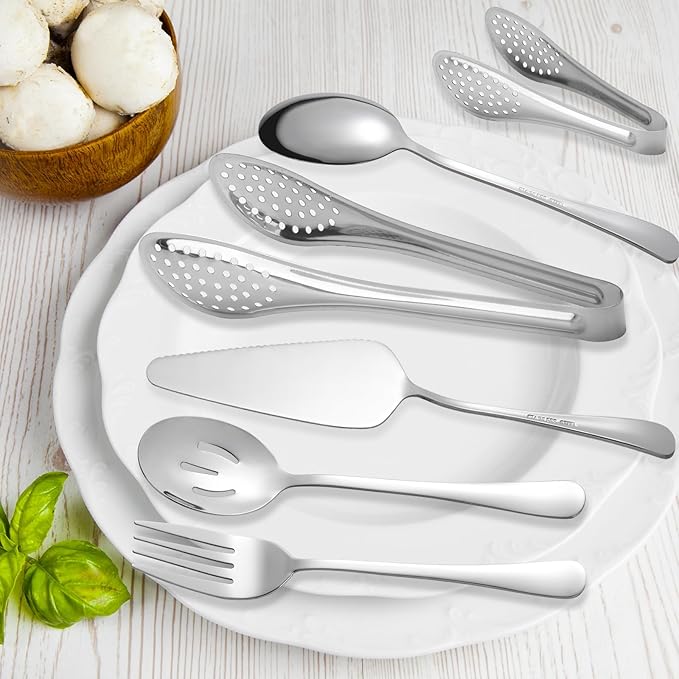 14 PCS Stainless Steel Serving Utensils Set-Serving Spoons,Slotted Spoons, Serving Forks, Serving Tongs,Soup Ladle, Appetizer Tongs, Pie Server for Buffet Catering Entertaining Banquet Party