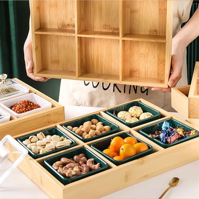 Seasoning Plate Green Ceramic Spice Plate with Lid and Bamboo Tray. 3 Removable Dip Bowls Used for Appetizers, Potato Chips, Fruits, Sweets and Spices Ceramic Sauce Plates (
