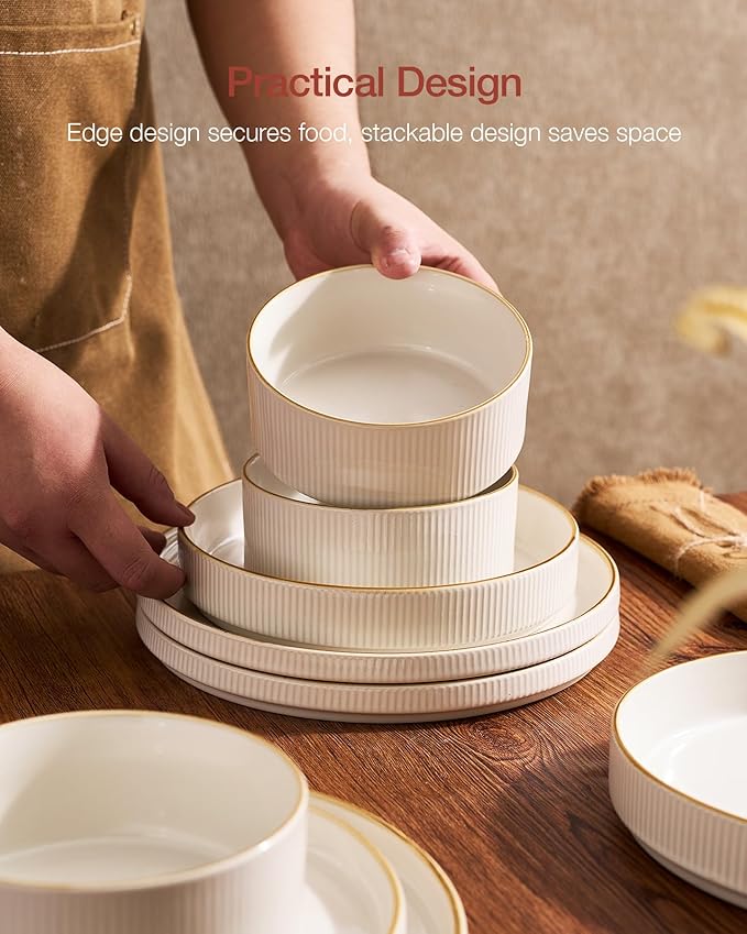 Famiware Star Dinnerware Set with Plates and Bowls, Service for 4 (16-Piece), Stoneware Kitchen Dishes Dinner Sets - Vanilla White