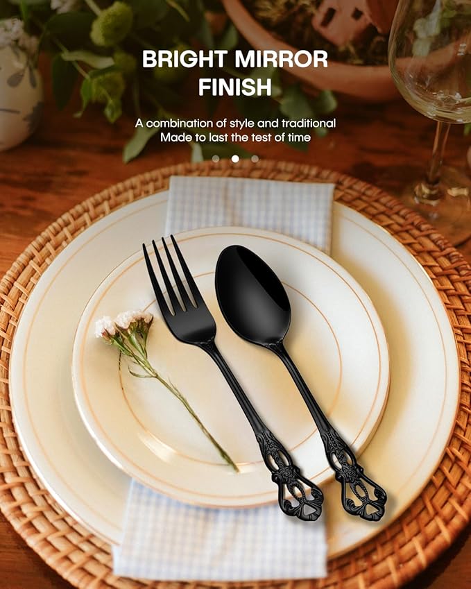 Stapava 20 Pcs Black Silverware Set, Gorgeous Retro Royal Silverware Set for 4, Stainless Steel Mirror Flatware Cutlery Set, Include Forks Spoons and Knives Set, Dishwasher Safe Utensils