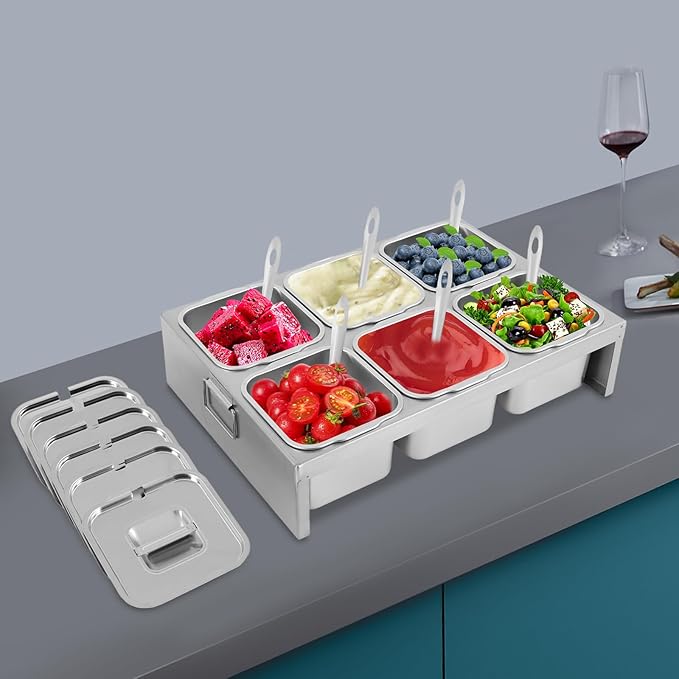 Stainless Steel Condiment Containers, 6 Compartment Trays Seasoning Organizer Box with 0.528 Gallons Capacity Each for Outdoors Hotels Kitchens Backyards