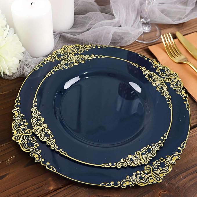 10" Dinner Plates -Set of 20 - Plastic Navy Blue Round Baroque Disposable Chargers Leaf Embossed Rim, Ideal for Dinner Party Wedding Bulk Events