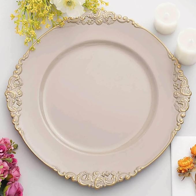 13" Charger Plates -Set of 24 - Acrylic Taupe Round Baroque Disposable Chargers Leaf Embossed Rim, Ideal for Dinner Party Wedding Bulk Events