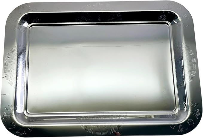 (Pack of 2) 20 inch x 14.4 inch Oblong Chrome Plated Serving Tray Stylish Design Floral Engraved Edge Decorative Party Wedding Dessert Buffet Décor Wine Platter Plate NC-064