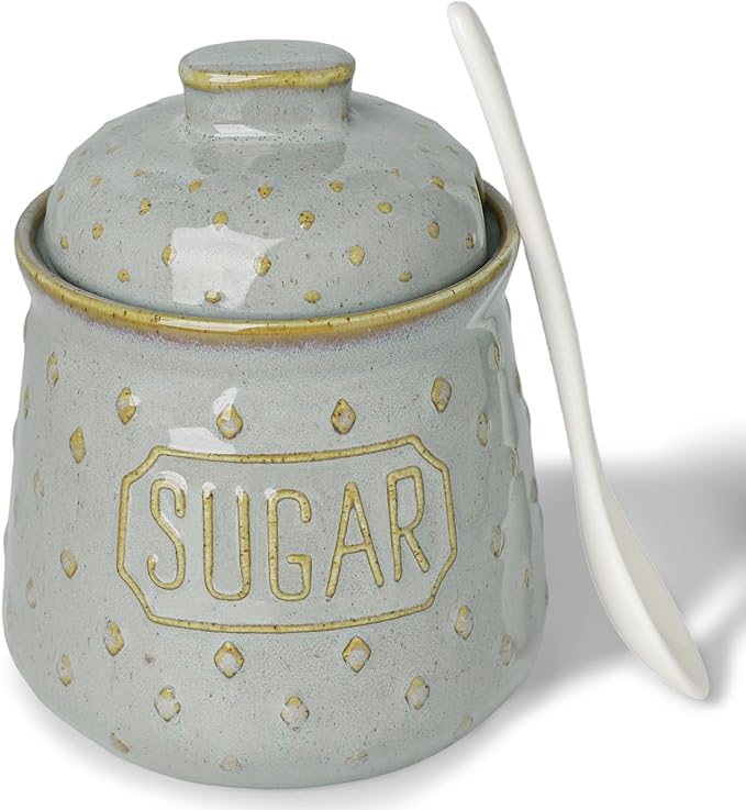 Sugar Bowl with Lid and Spoon, 10 OZ Ceramic Sugar Container for Kitchen Accessories, Sugar Storage Containers, Farmhouse Decor (Vintage Grey)