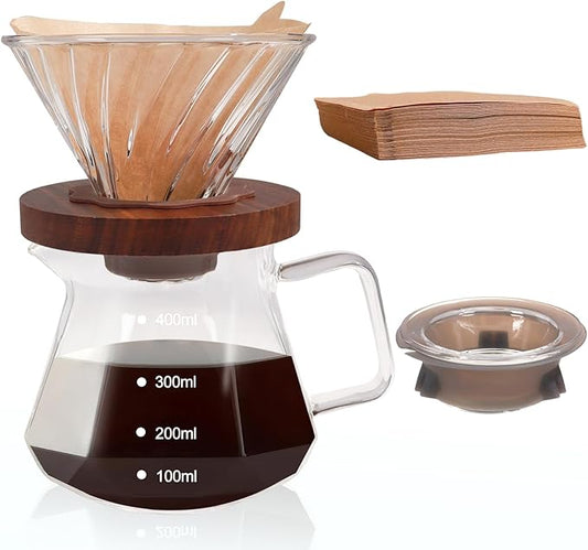 Pour Over Coffee Maker 400ml Borosilicate Glass Drip Coffeemaker Server Set with 50pcs V60 Cone Paper Filters Walnut Collar Glass Lid Clear Hand Brew Dripper Carafe for Home Camping Travel 13.5oz