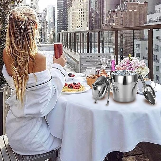 Ice Bucket Champagne Bucket with Tongs Scoop Lid, Double Wall Wine Bar Freezer Ice Bucket with Stand & Carrying Handle, Stainless Steel Mirror Bucket Champagne Bucket for Parties Bar Home,2L(Silver)