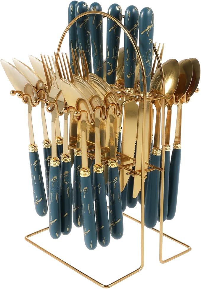 24 Pcs Silverware Set with Hanging Holder, Stainless Steel Flatware Set, Kitchen Utensil Tableware Set with Stainless Steel Knives and Forks and Spoons, Mirror Polished, Dishwasher Safe (Green)