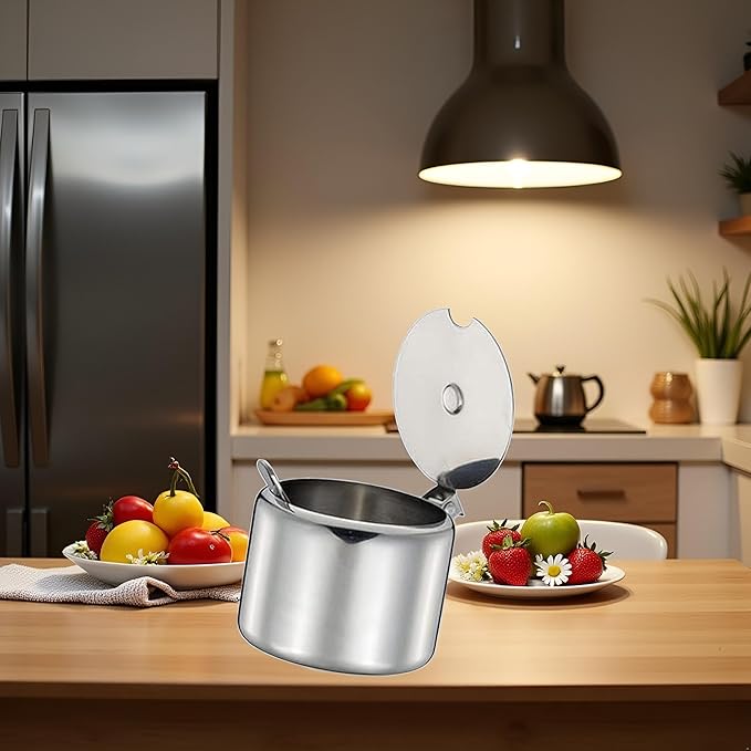 Set of Silver 285ml Stainless Steel Sugar Bowl with Spoon,Condiment Seasoning Pot Sugar Canister with Spoon - Storage Tank for Various Seasonings and Spices,Dinnerware and Serveware Kitchen Gadgets