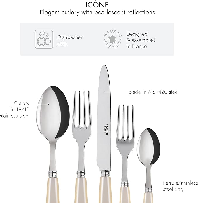 SABRE PARIS - 5-Piece Flatware Set - Icône Collection - Knife, Fork, Soup Spoon, Teaspoon & Dessert Fork - Stainless Steel & Acrylic - Dishwasher Safe - Pearly White