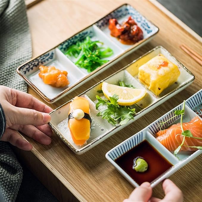 Sauce Dish Three Compartment Plate Ceramic Plate Sauce Bowl Sushi Dish Plate Multi Compartment Sauce Dish Vinegar Dish Plate Small Plate Snack Plate(B)