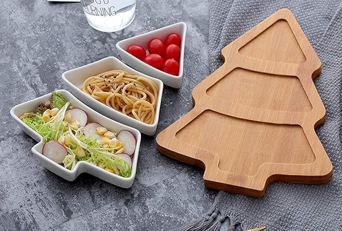 10.8 Inches Snack Appetizer Trays Set, Christmas Tree Dessert Serving Dishes, Snack Platter, 3 pcs Removable White Porcelain Plates with Bamboo Tree Tray