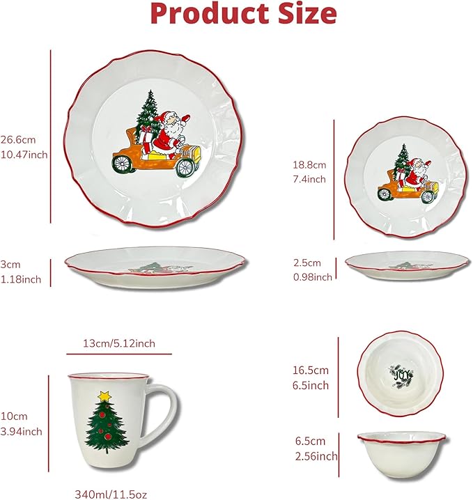 DOMINI 16-Piece Christmas Ceramic Kitchen Dinnerware Set, Service for 4, Porcelain Dishes Dinner Set with Dinner Plates, Dessert Plates,cups and Pasta Bowls,Round-White Christmas