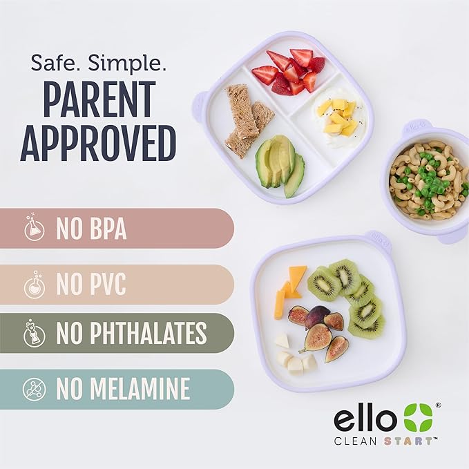 Ello Clean Start Toddler Everything Plate 2 Pack | BPA-Free Ceramic Plates with Silicone Sleeve for Babies/Toddlers | Microwave/Dishwasher Safe, Plastic-Free, High Chair Friendly | Dewdrop/Grayed Jade