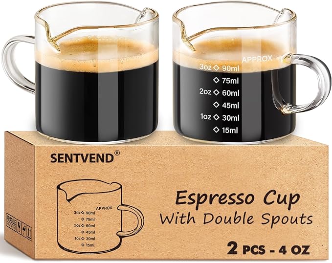 SENTVEND Espresso Cups Set of 2, 4 Oz Espresso Shot Glass with Handle Double Spout Measuring Cups with Scale Clear Glass Milk Cup Coffee Accessories Great for Making Coffee Desserts Salad Dressing
