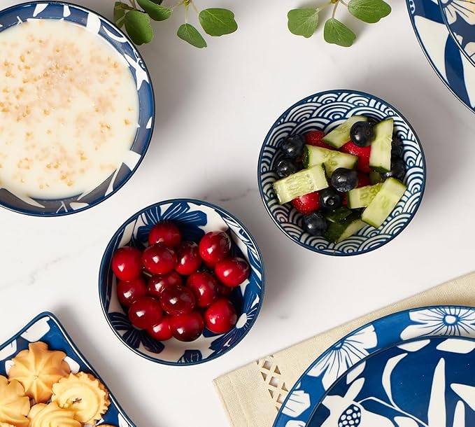 ONEMORE Ceramic Soup Bowls, 10 oz Cereal Bowls Set of 4, Blue Porcelain Bowls for Dessert, Ice Cream, Fruit, Scratch Resistant, Microwavable Dishwasher & Oven Safe, Stackable Kitchen Bowls