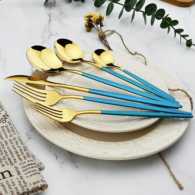 36-Pieces Silverware Mirror Polished Dinnerware Gold Flatware With Blue Handle, 18/0 Stainless Steel Cutlery Set For Home Kitchen Party Hotel Restaurant Wedding Service for 6